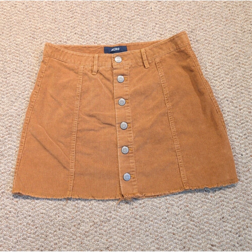 Aero High Rise Corduroy Skirt Womens 10 Brown Fringe Button Front Cotton